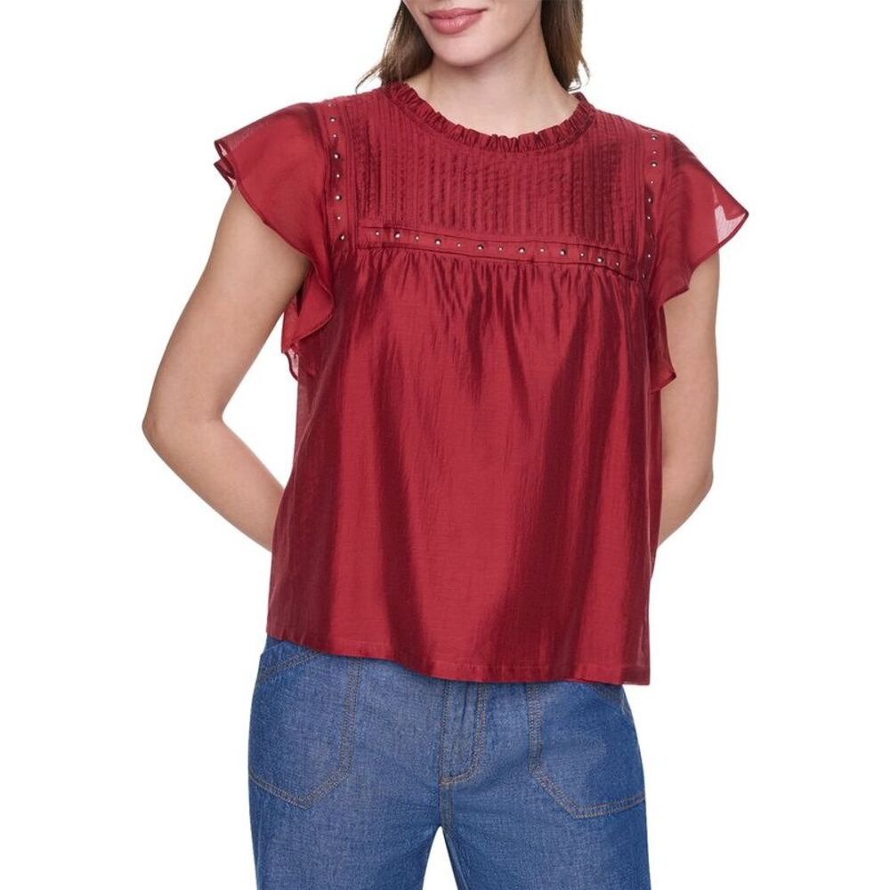 Dkny Womens Pleated Studded Top, Red